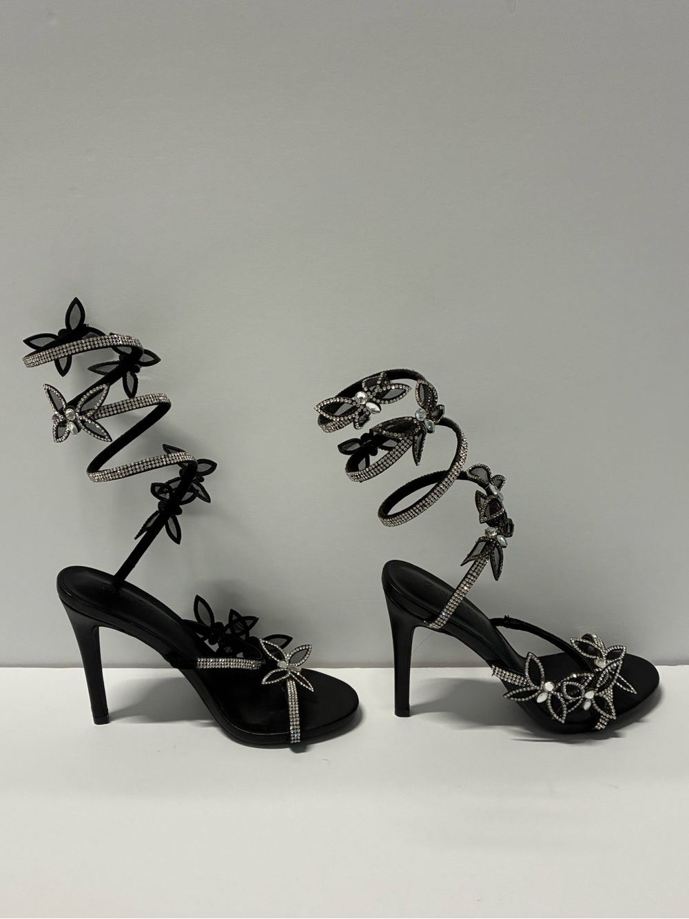 Women's Black Floral Crystal Spiral Strap High Heels